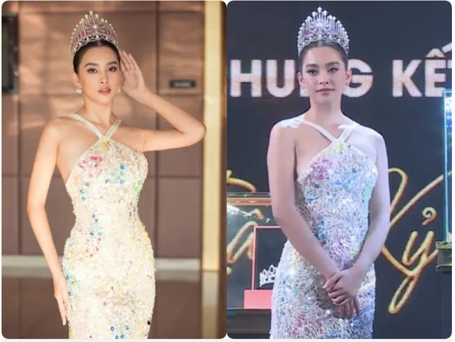 Hoa hậu Việt Nam 2018 diện cho mình mẫu đầm lệch vai đính nhũ lộng lẫy tuy nhiên ở góc chụp nghiêng cô lại lộ vẻ ngoài phát tướng thấy rõ